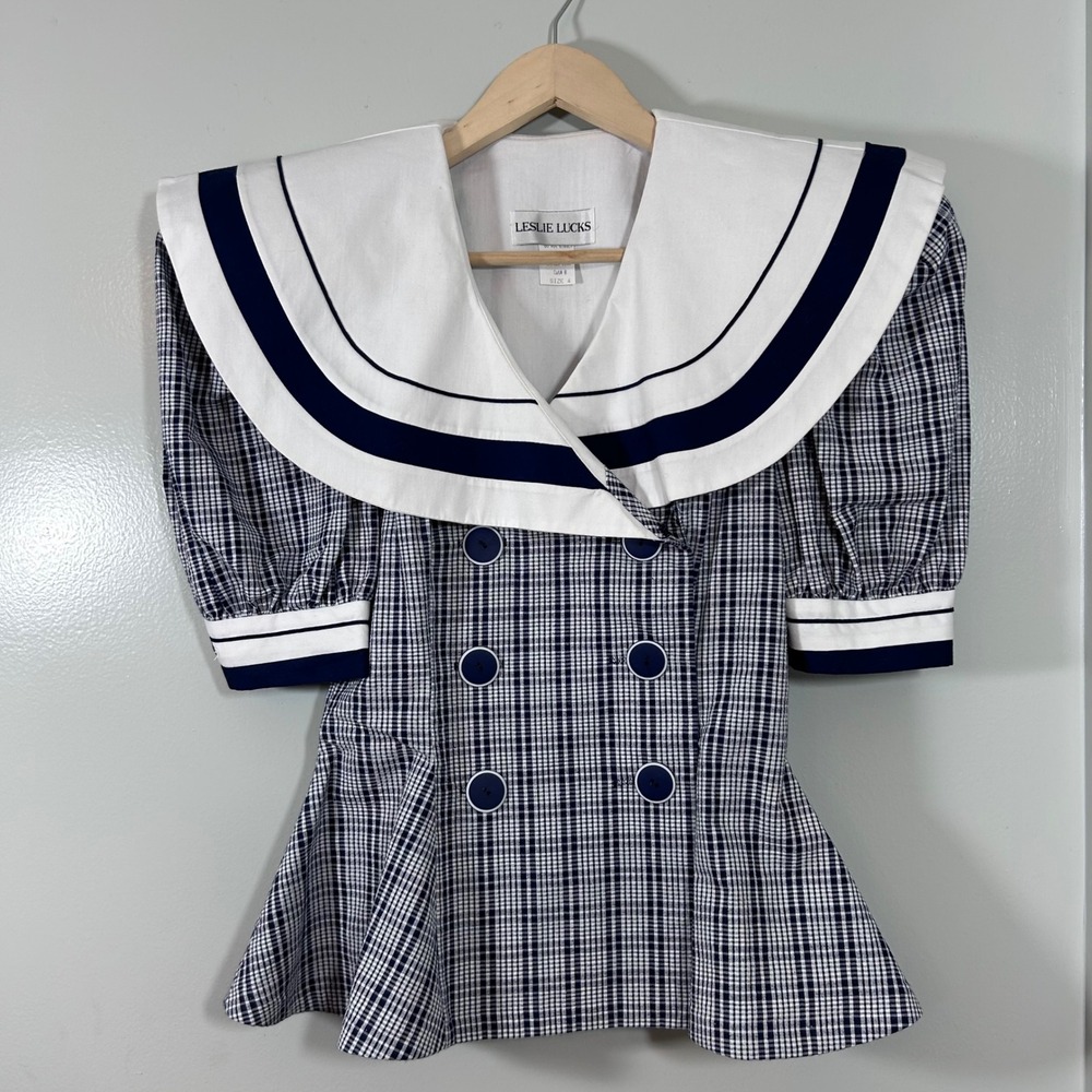 Leslie Lucks Vintage Sailor Collar Plaid Peplum Top Navy White Nautical Size 4